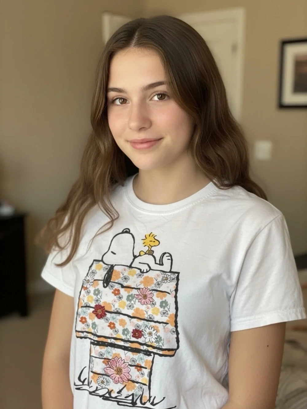 Peanuts White Short Sleeve Tee with Floral Snoopy & Woodstock Graphic XS - Picture 3 of 5